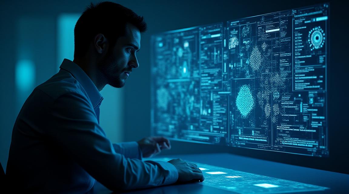 Data scientists analyzing complex mathematical structures on a high-tech interface